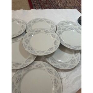 Fine China Floral Dinner Plates Set of 8 Blue Pink Roses Silver Rim